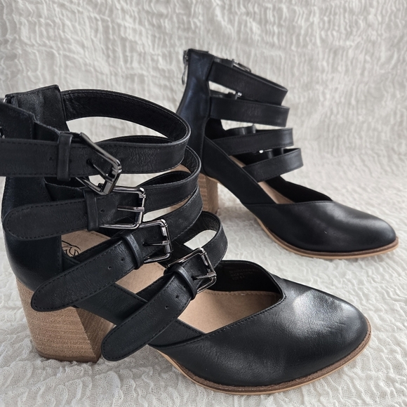 Women's Black‎ Western Strappy Ankle Boots Buckle Cowgirl Block Heel Sz 6.5 - Picture 4 of 9